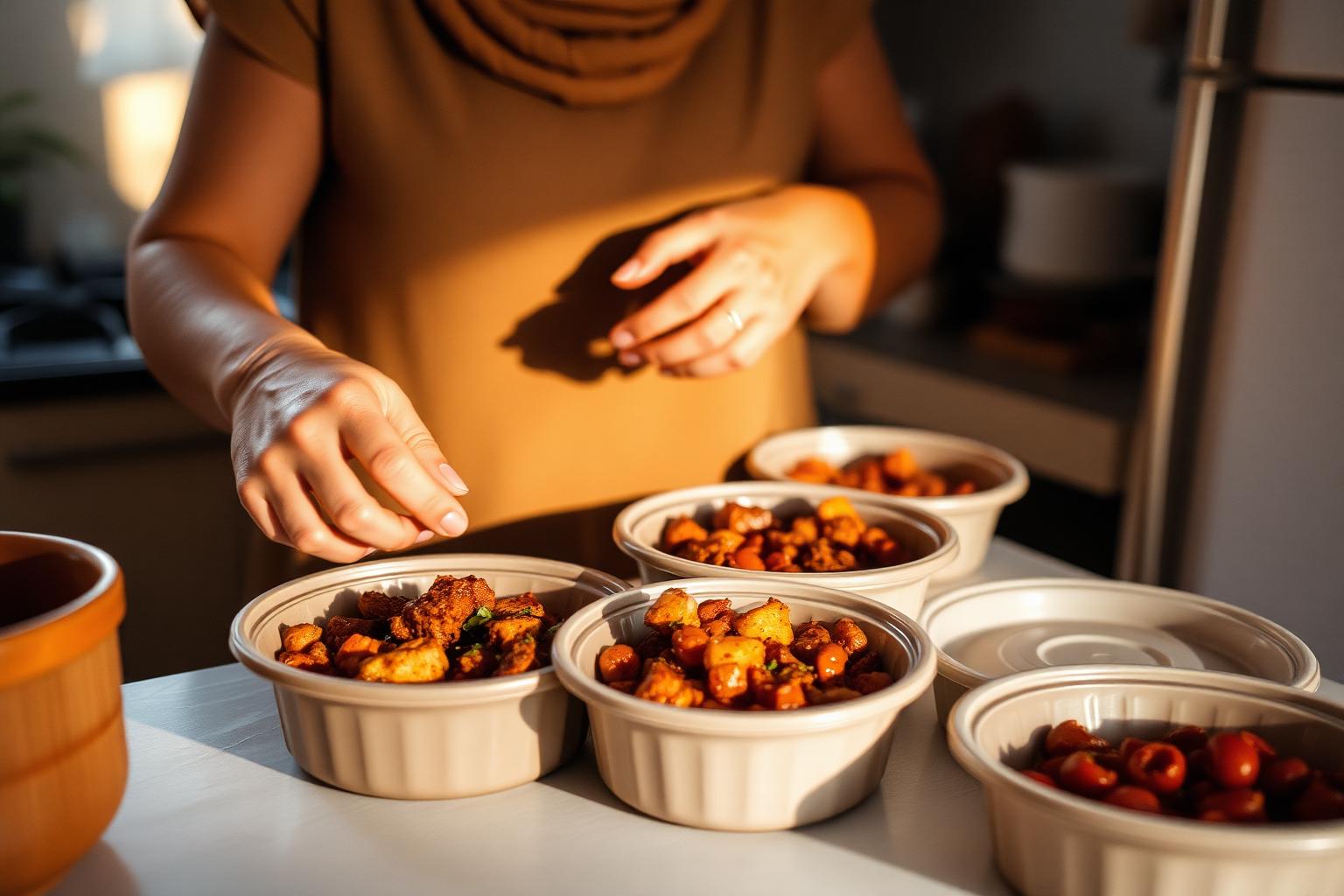 A mother packing fresh homemade Egyptian meals into sealed containers